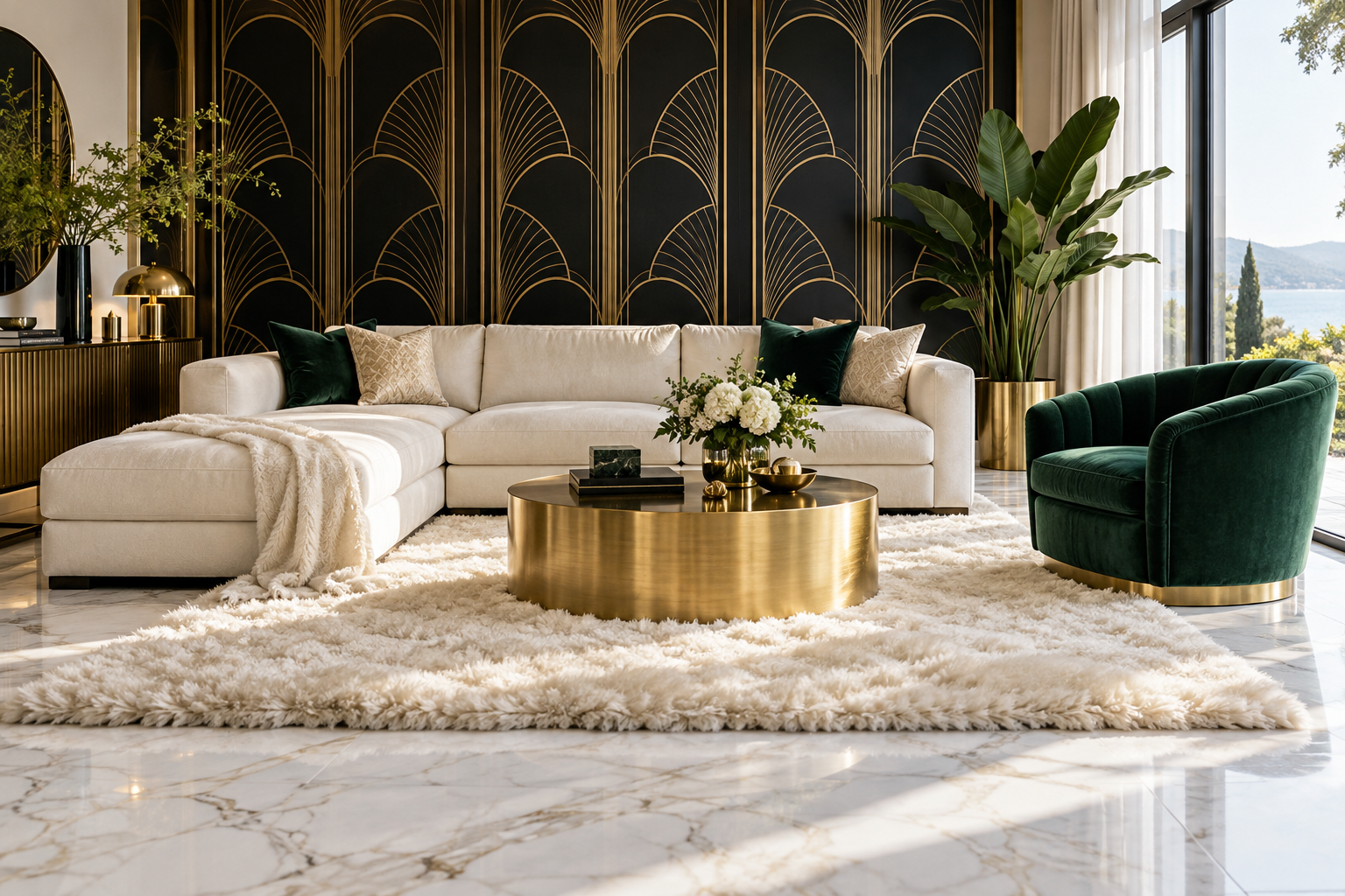 Luxury living room inspiration with cream seating, black and gold wallpaper, an ivory plush rug and an emerald chair